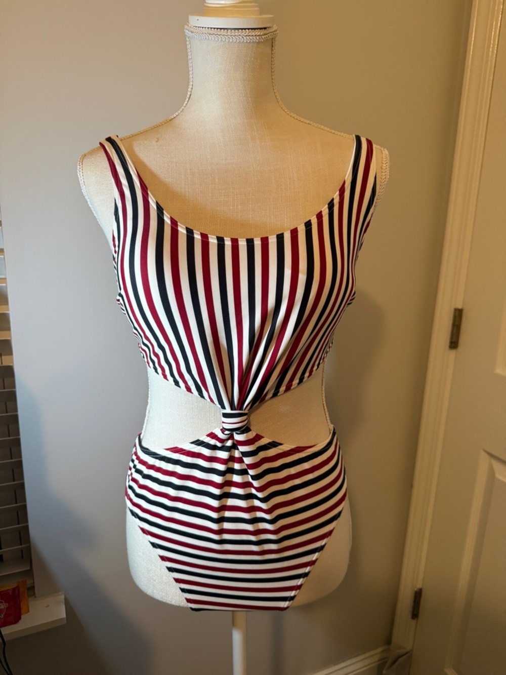 Abercrombie & Fitch Striped One-Piece Swimsuit in Red, Black, and White
